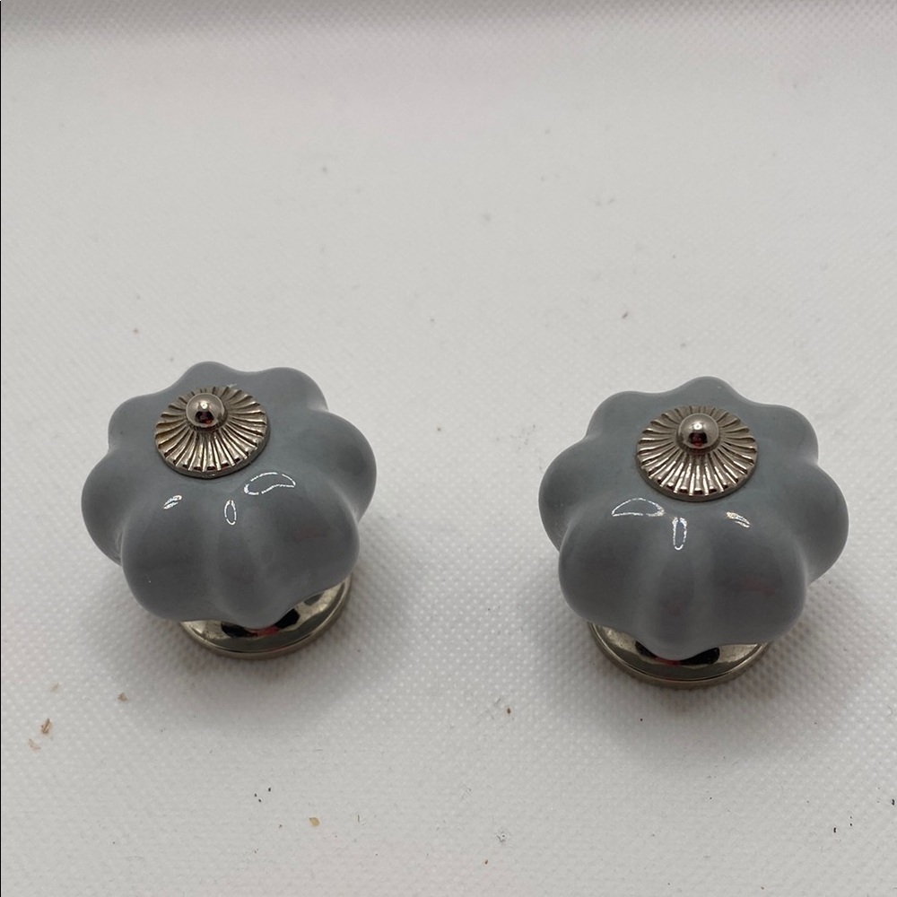 Gray Floral Ceramic and Metal Cabinet Knobs, Set of 2
